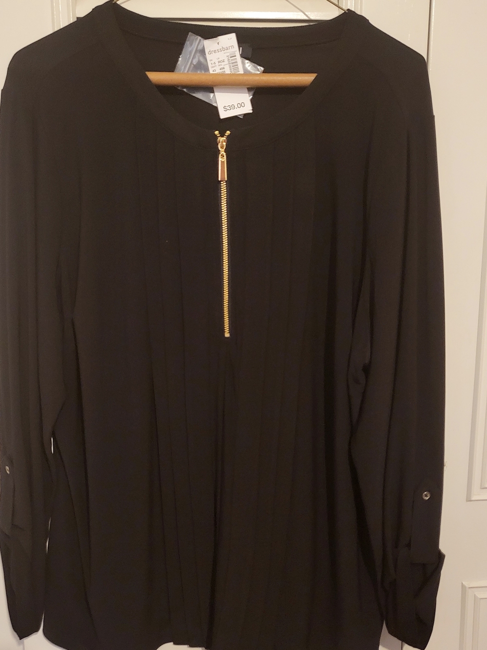 NWT SALE  Dressbarn Black Blouse with Gold Front Zip